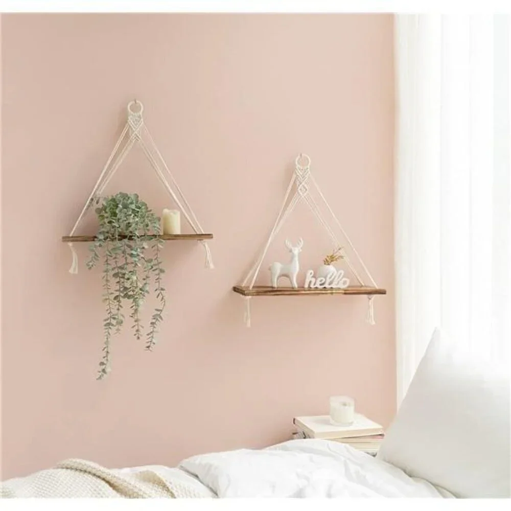 Mkono Macrame Hanging Shelves Set Boho Wood Wall Decor Floating Storage